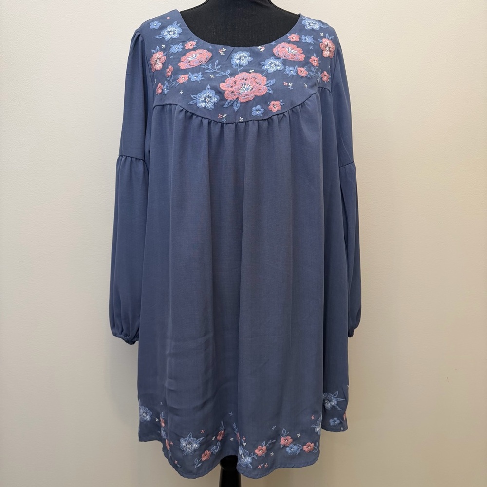 Savanna Jane Womens Blue Long Sleeve Dress Floral Embroidery Cottagecore Keyhole